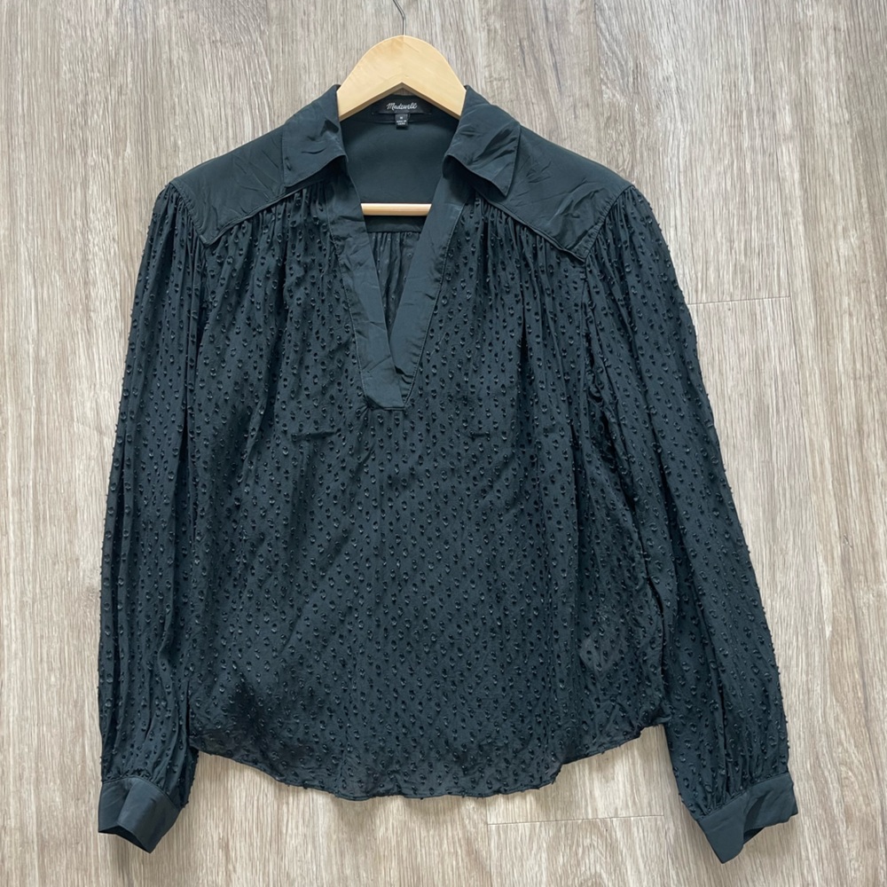 Madewell Black Clip Dot Sheer Popover Blouse Statement Collar Medium